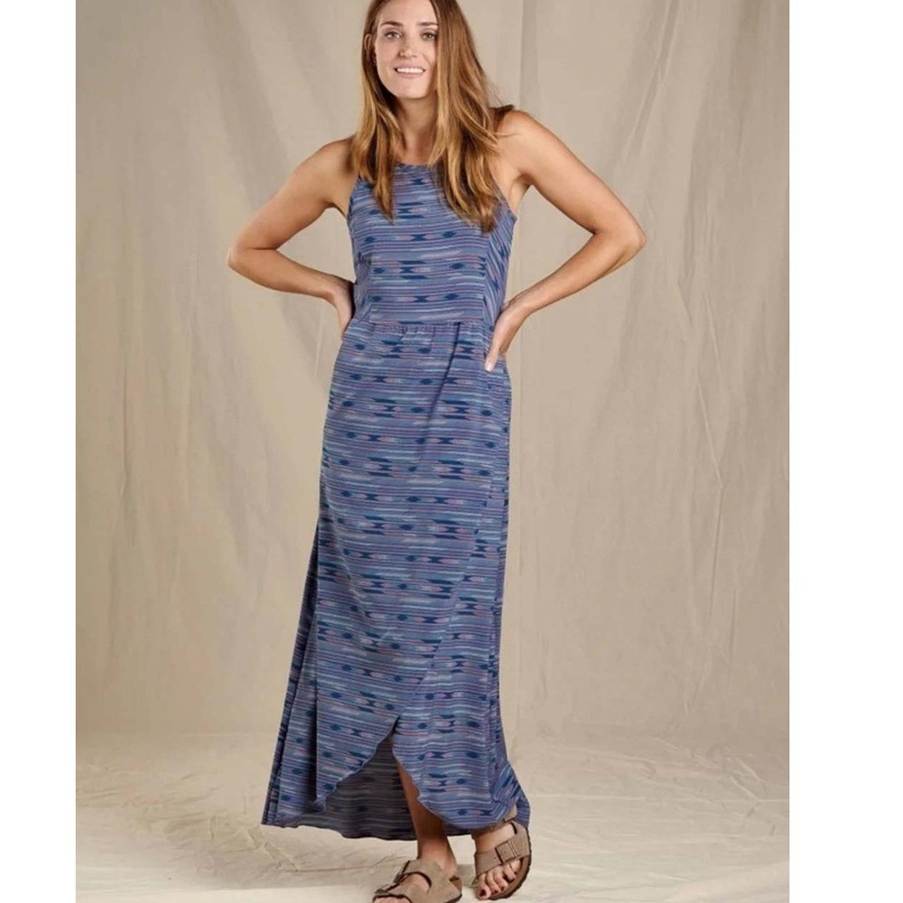 Toad&Co Womens Sunkissed Maxi Dress Blue Purple Ikat Stripe Cutout M T1792702
